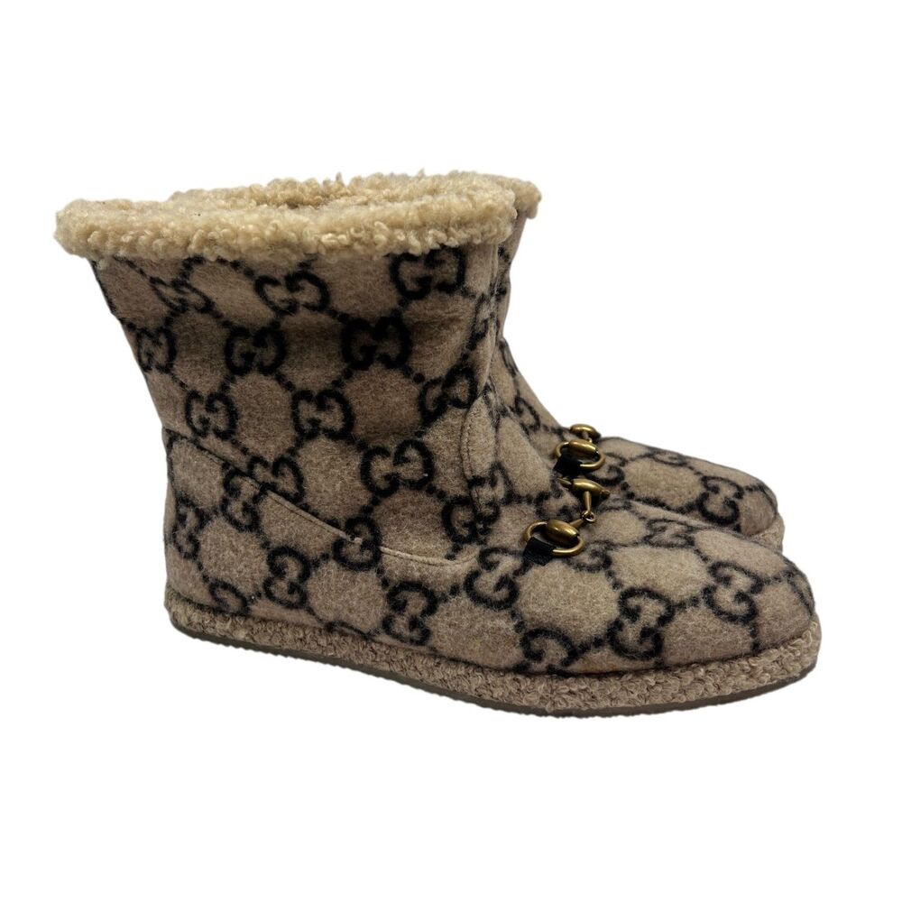 Gucci GG Monogram Wool Shearling Boots Beige Tan Women’s Size EUR 39.5 Horsebit - Picture 9 of 16